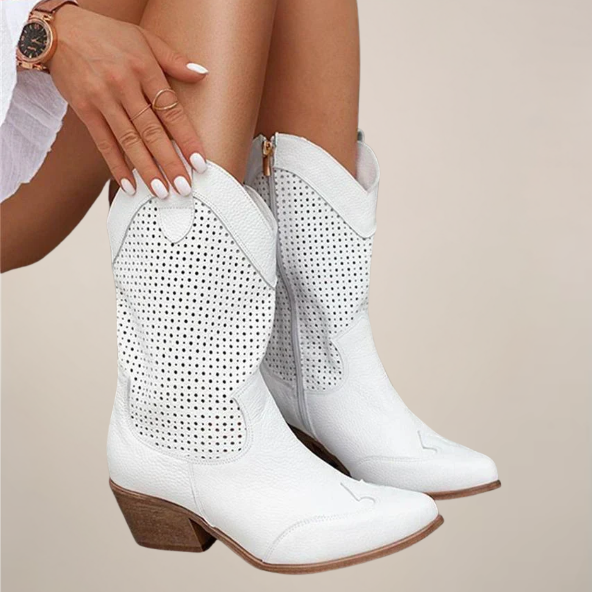 Maison Mary™ | Trendy Perforated Western Mid-Calf Boots