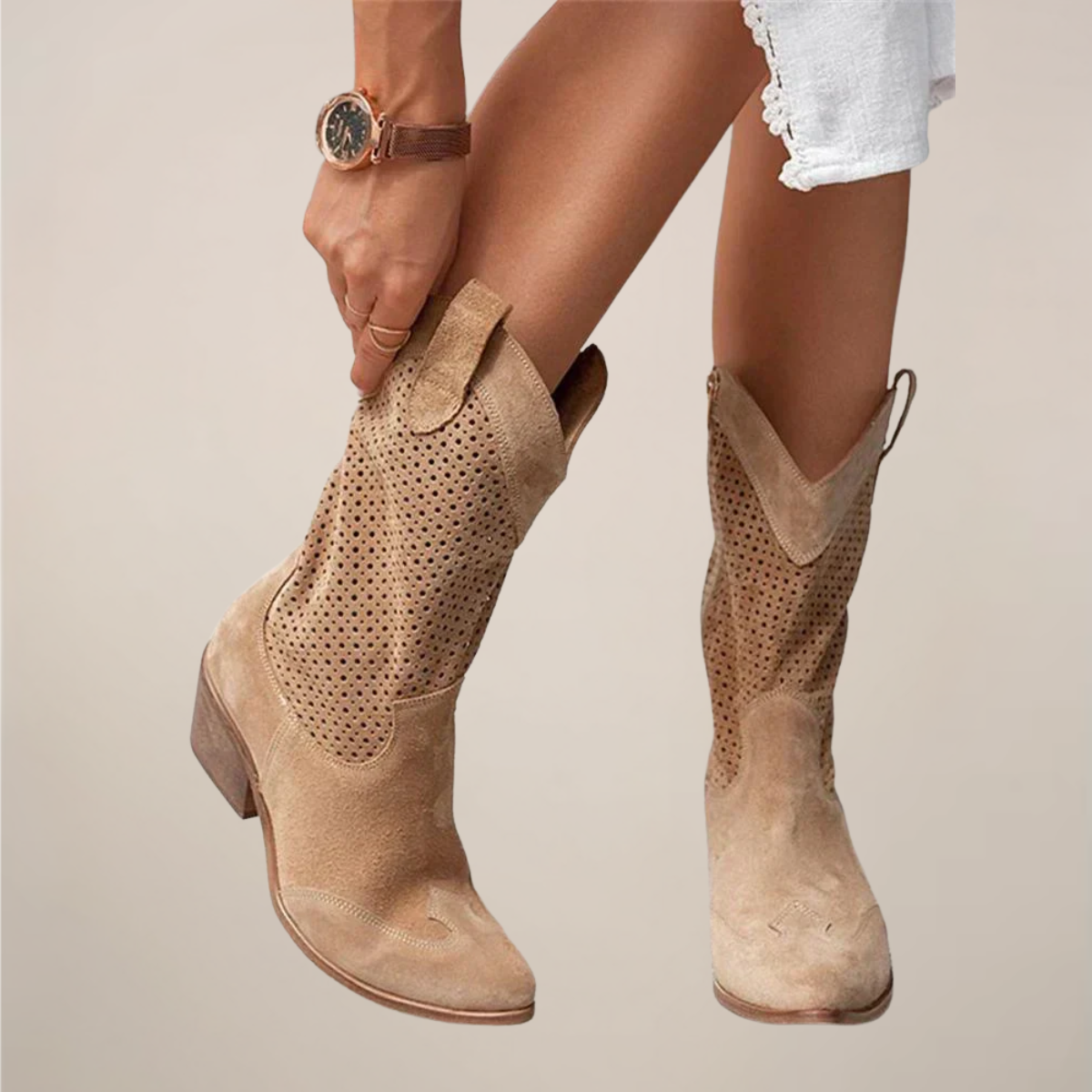Maison Mary™ | Trendy Perforated Western Mid-Calf Boots